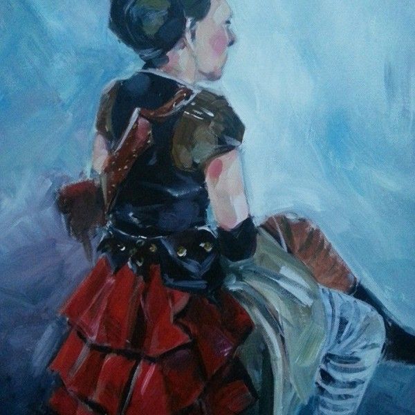 steam punk, acrylic, canvas, seated, female, clothed, colour